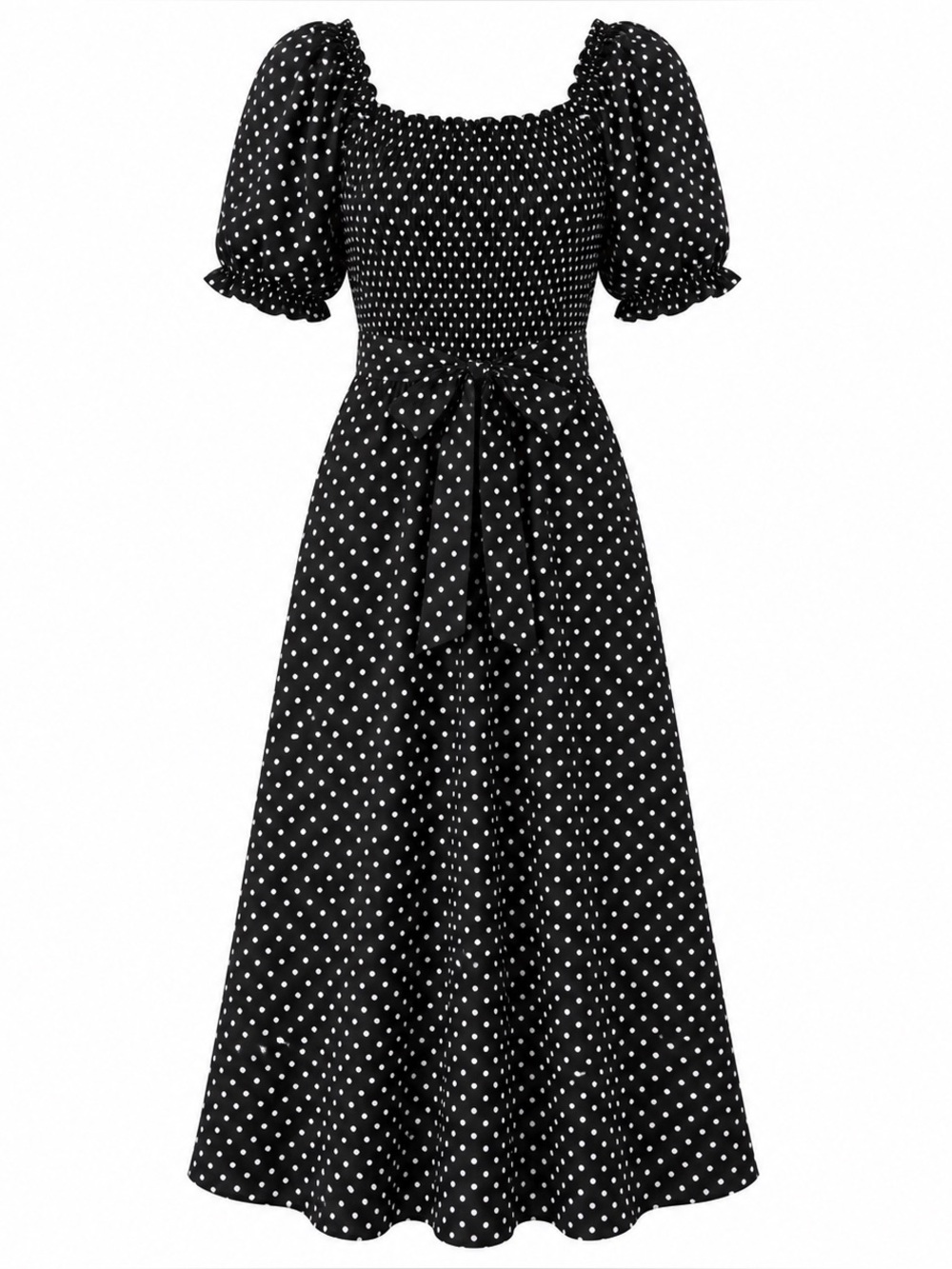 Black White Polka Dot Maxi Dress 2X Smocked Puff Sleeve Retro Cottagecore Midi